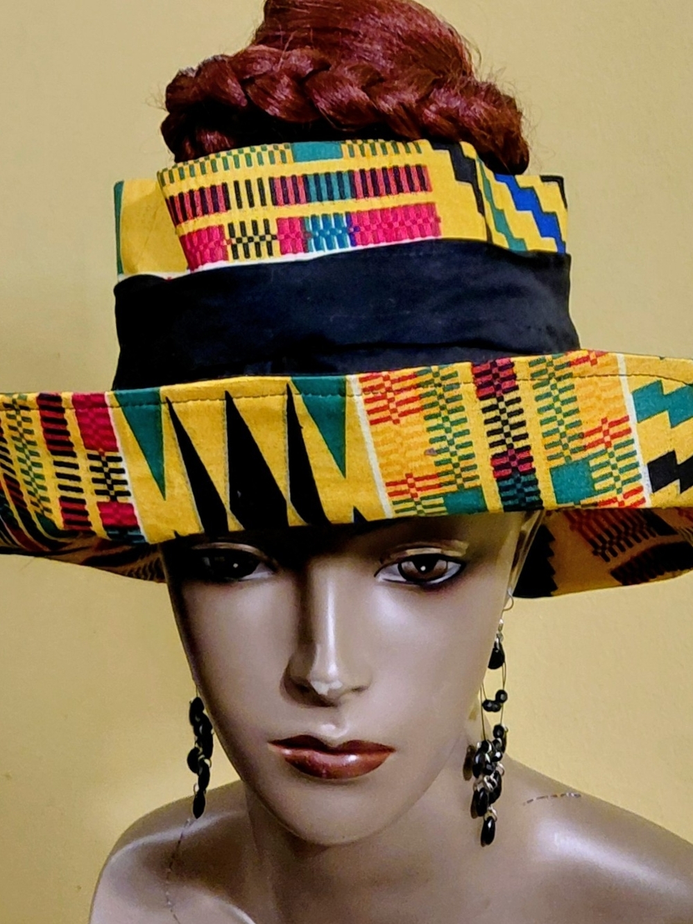 New Handmade  Reversible Yellow Multicolor African-Print Wide Brim Hat Open Top